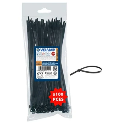 Image de Velamp MG211 100x Attache, Colliers de Serrage en Nylon 6.6, Serre Cables, 200 mm x 3,6 mm, Résistants aux UV et à la Chaleur, Noir,