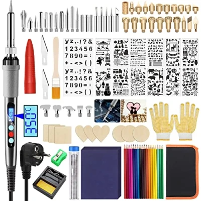 Image de TWBEST 80W Kit de Pyrogravure Bois,Fer à souder Electrique Ensemble 108 Pièces,Pyrogravure sur Bois avec Écran LCD Temperature Réglable,Support pour Souder,pour Réparations électriques