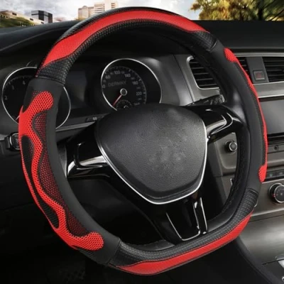 Image de Couvre volant Coupe D Fond plat en forme de microfibre cuir antidérapant et respirant 14,5&quot; 15&quot; (rouge)