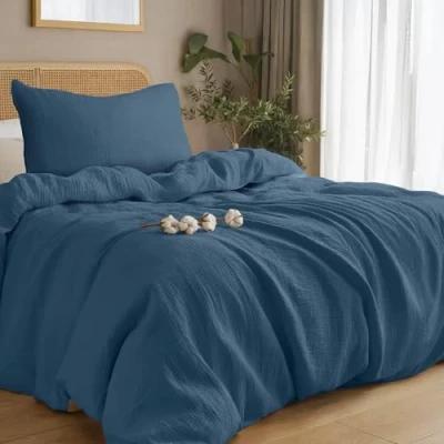 Image de Dreamzie Housse de Couette Gaze Coton 135x200 cm, Bleu, avec 1 Taie Oreiller 80x80 Parure Lit Léger et Respirant Linge Certifié Oeko Tex