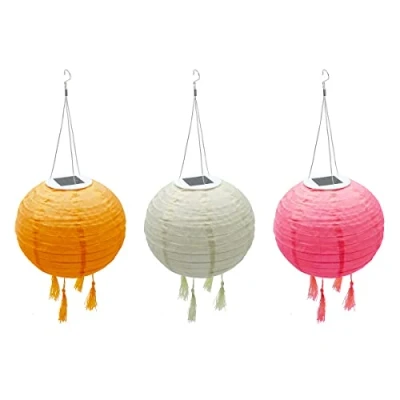 Image de Lot de 3 lampion solaire lanterne chinoise couleurs rose crème et orange LED blanc chaud SHANGRI LA ∅20cm