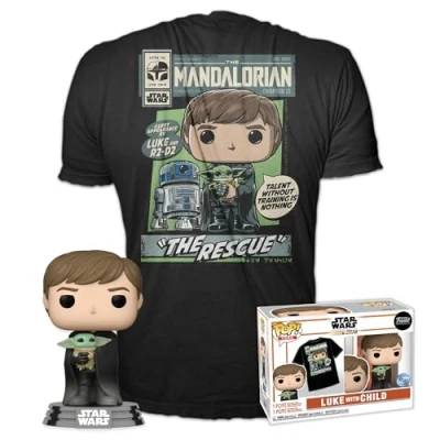 Image de Funko Pop! &amp; Tee: Mandalorian Luke Skywalker with Grogu (The Child, Baby Yoda) Small (S) Star Wars: The T Shirt Vêtements avec Une Figurine en Vinyle à Collectionner