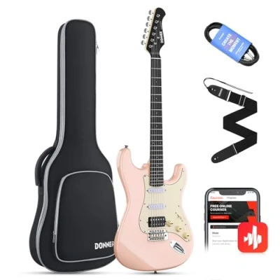 Image de Donner E Guitar Set Full Size, HSS Bobine Divisé Pickups, 39 pouces Solid Body ST Guitare débutant avec sac, sangle, câble (Designer Series, Retro Rose)