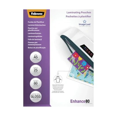 Image de Pochettes de plastification Fellowes au format A5, 80 microns, Pack 25 Feuilles à plastifier, Finition Brillante, Technologie ImageLast Aspect Haute Qualité, Idéal pour les photos et affiches