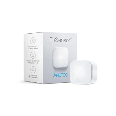 Image de Aeotec ZWA005 C TriSensor, Z Wave Plus S2 Mouvement Température Capteur de Lumière 3 en 1 Système Sécurité Domotique, Batterie Chargée, 4.5W, 3V, Petit
