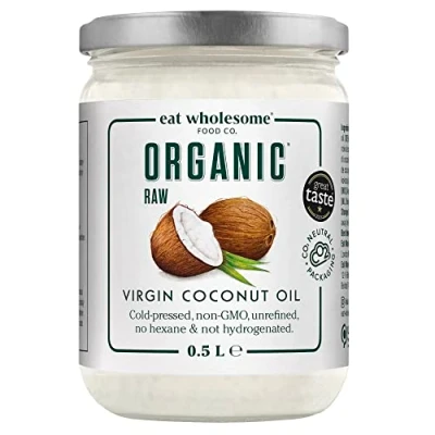 Image de Eat Wholesome Huile De Noix Coco Vierge Pressée à Froid Crue Bio, Pour Cuisiner, Hydrater la Peau, Entretenir les Cheveux, Bocal en verre dans une boîte, 500 mL