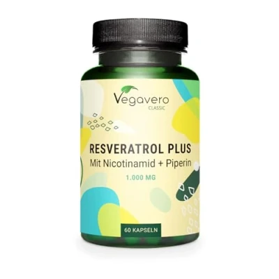 Image de Trans Resveratrol 1000mg UNIQUE : Le Seul Avec Nicotinamide &amp; Pipérine Anti Age + Antioxydant Puissant Vegan Sans Additifs Vegavero®