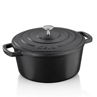 Image de kela 12472 Cocotte en Fonte émaillée Ronde avec Couvercle, Bonne Conservation de la Chaleur, Compatible induction, 5 L, Noir, Calido