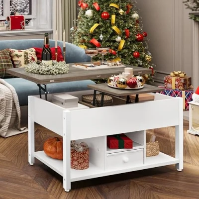 Image de YITAHOME Table Basse avec Plateau Relevable et Tiroirs, Multifonctionnelle 4 en 1 Espace de Rangement, se Transforme Salle à Manger, Blanc Gris