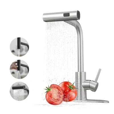 Image de Robinet de Cuisine avec Pulvérisateur Extractible, Cascade en Acier Inoxydable, d&#039;évier à Poignée Unique Extractible Pour 3 Fonctions