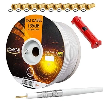 Image de hb digital Set 25m de câble coaxial SAT 135db Blanc + 10x F Plug plaqué or 1x Wire Stripper CU Pure Copper Satellite Antenna Cable 5 Fold Shielded for DVB S/S2 C/C2 T/T2 DAB+ Radio BK Systems