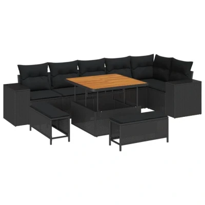 Image de Ensemble de canapé jardin 9 pièces en poly rattan noir vidaXL avec coussins, Set salle à manger 3 3362014