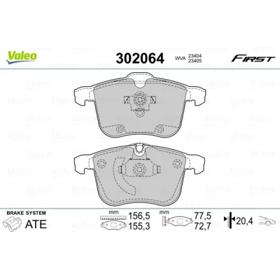 Image de VALEO 302064 Jeu de plaquettes frein FIRST Essieu avant contact signal d&#039;usure exclu avec tôle anti bruit SAAB: 9 3 Berline, Break