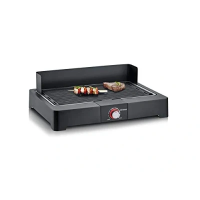 Image de SEVERIN Barbecue électrique 2 200 W avec grille en fonte d&#039;aluminium, de table pare vent amovible, eBBQ bac à eau pour utilisation intérieur et extérieur, Noir, PG 8567