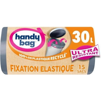 Image de Handy Bag sacs poubelle fixation élastique 30L x 15 Maintient le sac en place Ultra Résistant Film triple épaisseur Étanchéité maximale 100% plastique recyclé