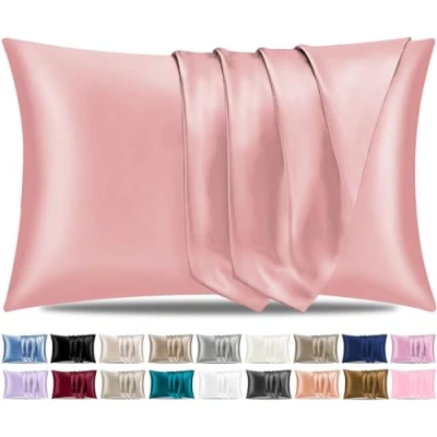 Image de Pamposh Lot de 2 taies d&#039;oreiller en satin soie pour cheveux et peau, taille standard avec fermeture à rabat (50 x 75 cm), corail)