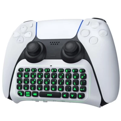 Image de TiMOVO QWERTY Clavier Rétroéclairé Vert Compatible avec PS5 Manette, Bluetooth sans Fil Haut Parleur Intégré &amp; Prise Audio 3,5 mm, de Manette Jeu pour Contrôleur, Blanc