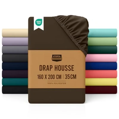 Image de Utopia Bedding Drap Housse Brun, 160 x 200 cm Bonnets 35 pour Matelas Épais Polyester Microfibre Brossée