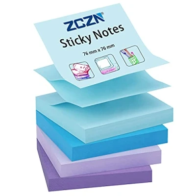 Image de ZCZN Pop up Lot de 100 feuilles notes autocollantes 76 x mm Couleurs assorties (bleu, bleu clair, violet, violet clair)