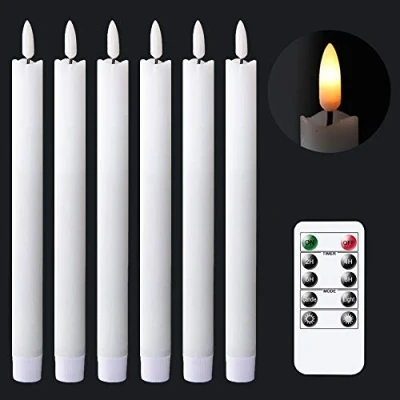 Image de Eldnacele Lot de 6 bougies chandelles sans flamme vacillantes avec télécommande et minuteur en cire véritable Fonctionnent sur piles, lumière LED chaude, mèche 3D (blanc, 2 x 24,5 cm)