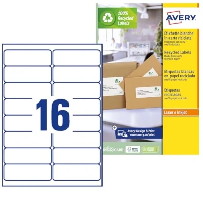 Image de AVERY 1600 Étiquettes Autocollantes Blanches Personnalisables 100% Recyclées Format 99,1 x 33,9 mm Impression Laser et Jet d&#039;Encre