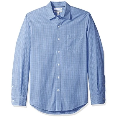 Image de Amazon Essentials Chemise en Popeline à Manches Longues Coupe Ajustée Homme, Bleu Motif Vichy, S
