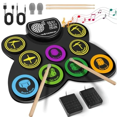 Image de CAHAYA Batterie électronique 9 pads pour enfants débutants enroulable avec 2 pédales Haut parleur stéréo intégré Prend en charge la sortie casque 10 heures d&#039;autonomie CY00370 1