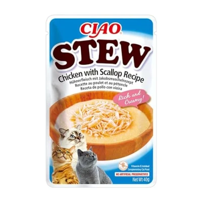 Image de INABA Ciao Stew Poulet &amp; Pétoncles Recipe Friandise pour Chat Humide Délicieuse et Saine Sauce Plat d&#039;accompagnement Complément Naturel sans Céréales Pâtée 1 x 40g
