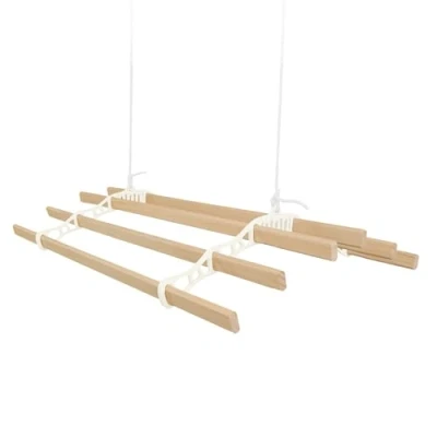 Image de Étendoir à linge de plafond 6 lattes 1,4 m Ivoire Traditionnel monté Séchoir victorien extensible en fonte pin verni Kit fixation inclus