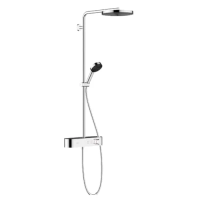 Image de hansgrohe Pulsify S Colonne de douche avec mitigeur thermostatique, pluie (⌀ 260mm) robinet, douchette (3 jets), support, flexible douche, barre et tête ronde, Chromé