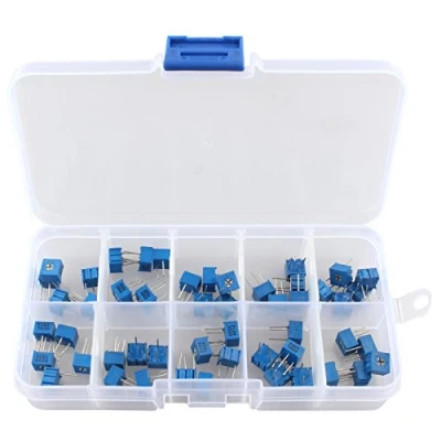 Image de HALJIA Lot de 50 potentiomètres 3362 Trimmers 10 valeurs 100 Ohm à 1 M Assortiment résistances variables Avec boîtier en plastique