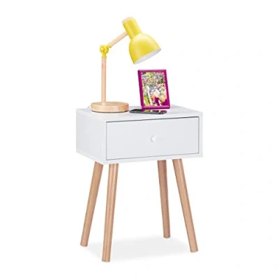 Image de Relaxdays Table de Nuit, scandinave, rétro, Meuble d’appoint avec tiroir, HLP 55x42x30cm, Chambre à Coucher, Blanc, Panneau Particules, Bois, 1 élément