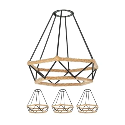 Image de ledscom.de 4 pièces cage abat jour avec corde de chanvre, diamant, noir, 200mm Ø