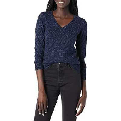 Image de Amazon Essentials Pull Col en v À Manches Longues Léger Coupe Classique (Grandes Tailles Disponibles) Femme, Bleu Marine Noir Guépard, S