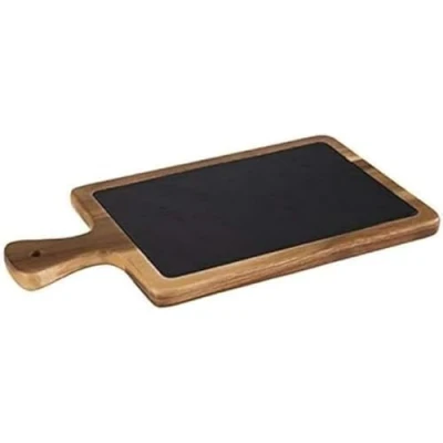 Image de APS planche de service 2 pcs, 41 x 20 cm, en bois rustique, à découper d&#039;acacia, avec dessus ardoise naturelle