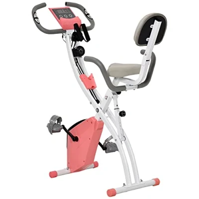 Image de HOMCOM vélo d&#039;appartement pliable, d&#039;exercice, home traîner pour adultes, 8 niveaux de résistance magnétique, capteurs pouls main, écran LCD multifonction, selle réglable, acier, rose, blanc