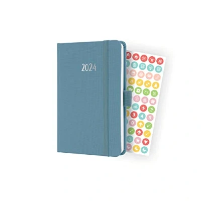 Image de SIGEL J4400 Agenda semainier Jolie 2024, certification FSC, 2 pages = 1 semaine, couverture rigide à en tissu, environ A6, bleu, 174