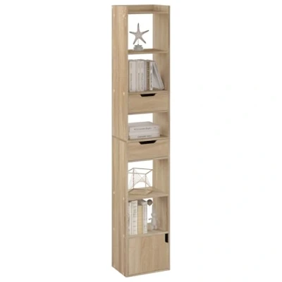 Image de WOLTU Bibliothèque, Étagère Étroite et Haute, Meuble de Rangement sur Pied avec 6 Compartiments, 2 Tiroirs 1 Porte, en Bois Composé, pour Salon Chambre Bureau, Chêne Clair, SK042hei