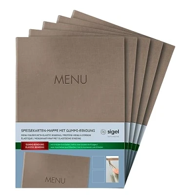 Image de SIGEL SM210 Lot de 5 Protège menus à cordon élastique avec 2 pochette transparent pour 8 feuilles DIN A4, gaufrage Menu, beige foncé