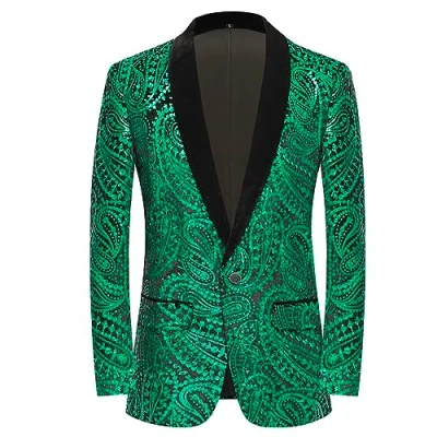 Image de PYJTRL Veste de Costume à Paillettes Brillantes pour Hommes Fleurs Classique la Mode,adaptée aux fêtes, Mariages,banquets,bals,Green,L