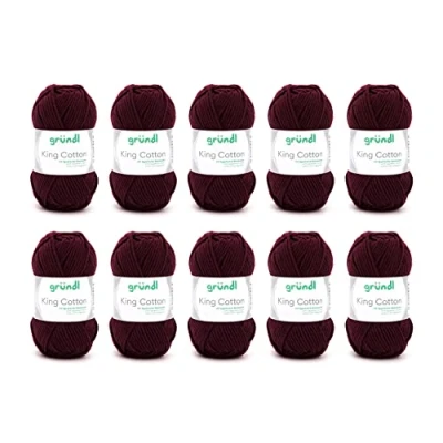 Image de Gründl King Cotton (fil à tricoter et crocheter doux volumineux composé de 55% polyacrylique 45% coton, 50 g / 78 m, taille des aiguilles : 6 7, 10 x g), bordeaux