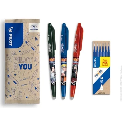 Image de PILOT x Naruto Lot de 3 Stylos FriXion Ball, Noir, Bleu, Rouge + 1 Set 6 recharges bleues effaçables Edition limitée Shipudden rollers rechargeables Pointe moyenne