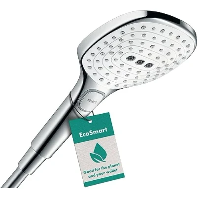 Image de hansgrohe Raindance Select E Pommeau de douche économie d&#039;eau avec 8,5 l/min (EcoSmart), Douchette à main 3 types jet, carré (120 x 120 mm), Chromé, 26521000
