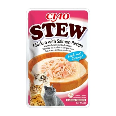 Image de INABA Ragoût de churu pour chats Recette collations au poulet et saumon Friandises riches crémeuses Sans céréales, agents conservation, colorants Faible teneur en calories 40 g