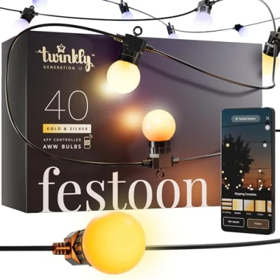 Image de Twinkly Festoon 40 LED Blancs, Guirlande avec Ampoules, Lumières Extérieures et Intérieures de Blanc Chaud à Froid, Compatible Alexa, Google Home, IP44, Contrôlée par App, Câble Noir, 20m