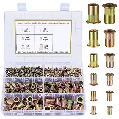 Image de 300 Pièces Écrou de Rivet Acier Carbon, Écrous à Sertir Plaqué Zinc, Éécrous Rivets Aveugles avec Filetage M3/M4/M5/M6/M8/M10