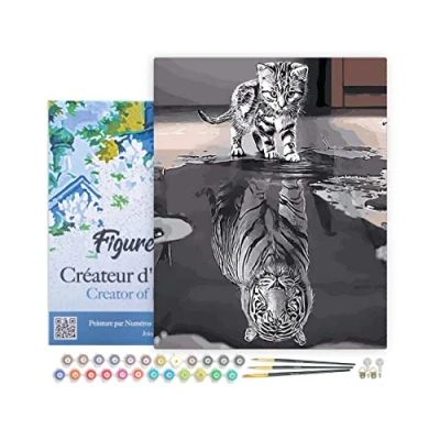 Image de Figured&#039;Art Peinture par Numéro Adulte avec Cadre Chaton Reflet Tigre Activité Manuelle Kit de Loisir Créatif DIY d&#039;Art Complet 40x50cm toile tendue sur châssis