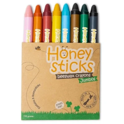 Image de Honeysticks Boîte de 8 crayons fins 100% en pure cire d’abeille naturels et nontoxiques sûrs pour les tout petits 1 an plus. Faits main Nouvelle Zélande Idéal l’apprentissage l’écriture