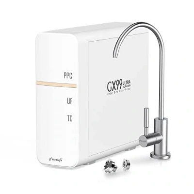 Image de Frizzlife GX99 UF Système de filtration d&#039;eau sous évier 0,01 micron, potable à haut débit avec robinet dédié en nickel brossé, zéro eau usée, aucune alimentation requise