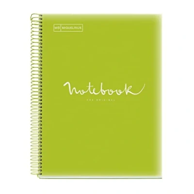 Image de Miquelrius Cahier A4 Carnet Emotions, 160 pages 90 g/m², Grille 5 x mm, 8 bandes de couleur, Spirale microperforée, Couverture polypropylène, Perforation 4 trous, à carreaux, Citron Vert